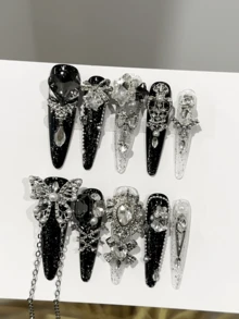 10pcs Black European & American Heavy-Duty Butterfly Full Rhinestone Pearl Heart Sequin Handmade Press-On Fake Nails, Daily Dance Long Pointed Style Premium Removable Wearable Nails For Women & Girls With Storage Box - Black - View 3