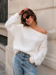 Women's Soft Off Shoulder Knitted Sweater Long Sleeve Drop Shoulder Knit Top For Fall Winter - White - View 2