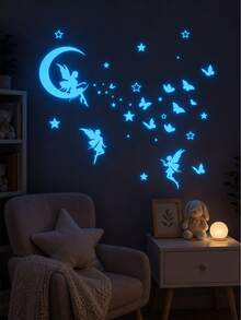 1 Set Pink Star Girl Butterfly Glow-In-The-Dark Butterfly Wall Stickers, Suitable For Living Room, Bedroom And Children's Room Home Decor. Removable Semi-Matte Self-Adhesive Stickers, Fit For Living Room, Bedroom And Children's Room. Home Decor Stickers, Wall Decals, Vinyl Stickers, Spring Decor To Add Vitality To Home. Rama Decor Sticker Gift, Ideal For Birthday Or Graduation Gift. - A - View 3