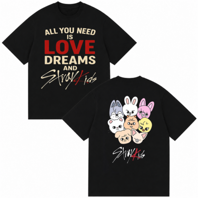 SStray Kids SKZOO Fan T-Shirt Dubbelzijdig Alle Figuren, All You Need Is Love Dreams Letter Print, Cute K-POP Cartoon Mascotte, Stay Fan Unisex Korte Mouw
