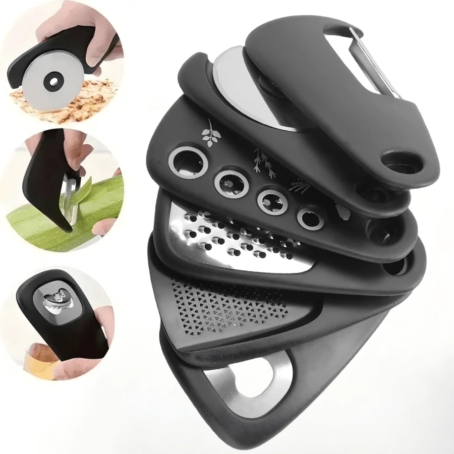 6pcs Stainless Steel Kitchen Utensil Set, Multi-Function Peeler. Full Set Peeler/Pizza/Grinder/Slicer, No Electricity Required, Hanging Storage. Suitable For Kitchen Cooking/Camping And More.