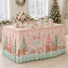 Merry & Bright Christmas Tablecloth, Macaron Candy Color Polyester Fabric, Printed With Gingerbread Man, Christmas Tree, Snowflake And Candy Cane 2D Patterns, Suitable For Holiday Parties, Family Dinners And Home Decor - A - View 7