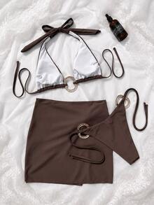 SwimNova Spring/Summer Striped Halter Neck 3-Piece Bikini Swimsuit Set With Matching Sarong, Suitable For Summer Beach And Casual Vacation - Brown - View 3