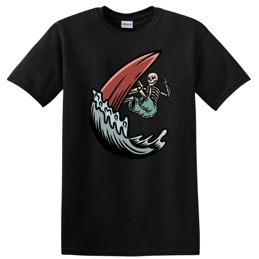 Skeleton Surfing T Shirt Vintage Graphic Surfboard Waves Tee Fun Design - 黑色的 - 查看 1