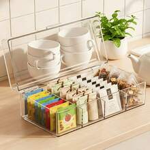 1pc (19.5*9*7.5cm/7.7*3.5*3in) Hinged Lid Divided Tea Bag Storage Box, Transparent Stackable Tea Storage Container, 4-Compartment Plastic Tea Bag Organizer, Suitable For Kitchen And Countertop - Transparent - View 2