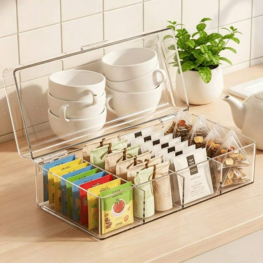 1pc (19.5*9*7.5cm/7.7*3.5*3in) Hinged Lid Divided Tea Bag Storage Box, Transparent Stackable Tea Storage Container, 4-Compartment Plastic Tea Bag Organizer, Suitable For Kitchen And Countertop