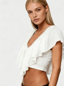 Blusa bohemia de mujer con cuello en V con volantes, manga corta con volantes y corte crop de gasa - Blanco - Ver 6