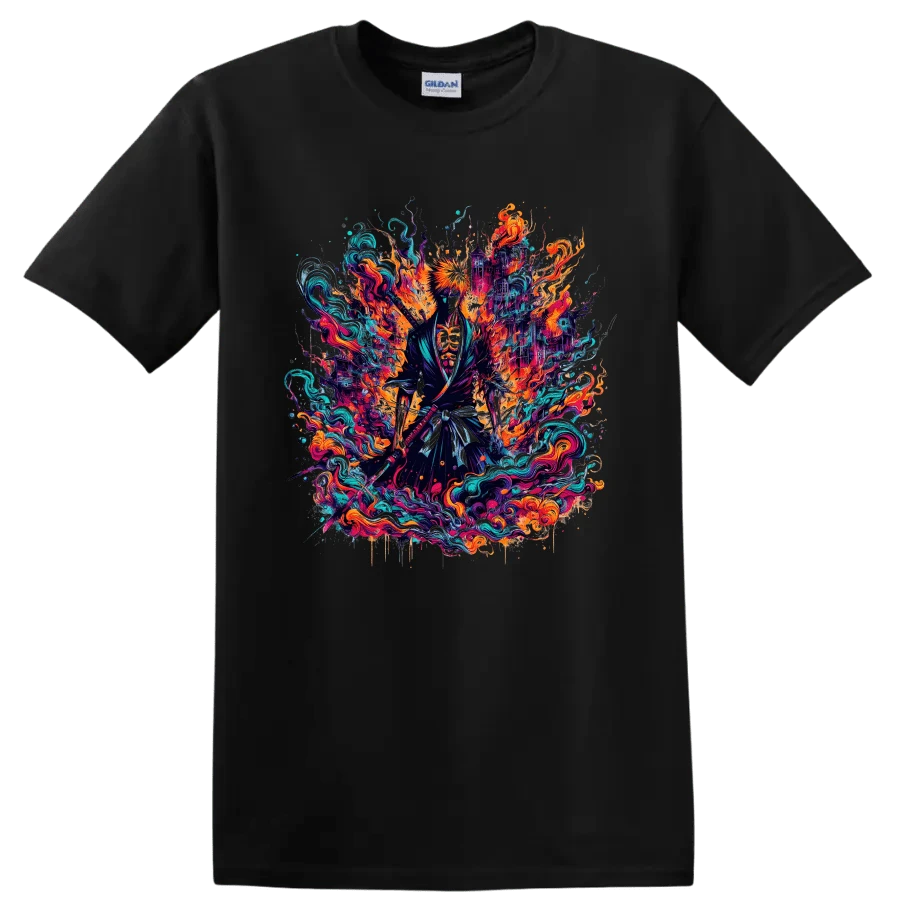 Camiseta de Anime de Ichigo Kurosaki con Diseño Gráfico Vívido de Guerrero Fantasista de Fuego Neón - Negro - Ver 1
