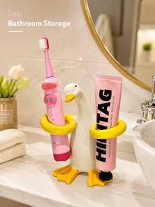 This Charming "Hugging Duck" Ceramic Toothbrush Holder Is Both A Toothbrush Storage Rack And A Bathroom Countertop Organizer; Its Unique Duck Design Combines Fashion And Practicality, Making It A Multifunctional Elegant Accessory For The Bathroom Vanity. - Multicolor - View 10