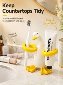 This Charming "Hugging Duck" Ceramic Toothbrush Holder Is Both A Toothbrush Storage Rack And A Bathroom Countertop Organizer; Its Unique Duck Design Combines Fashion And Practicality, Making It A Multifunctional Elegant Accessory For The Bathroom Vanity. - Multicolor - View 6