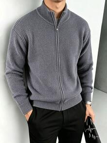 Men's Textured Stand Collar Zip-Up Knit Cardigan, Solid Color Soft Fluffy Loose Fit Commuter Business Versatile Autumn/Winter Sweater Jacket - Grey - View 1