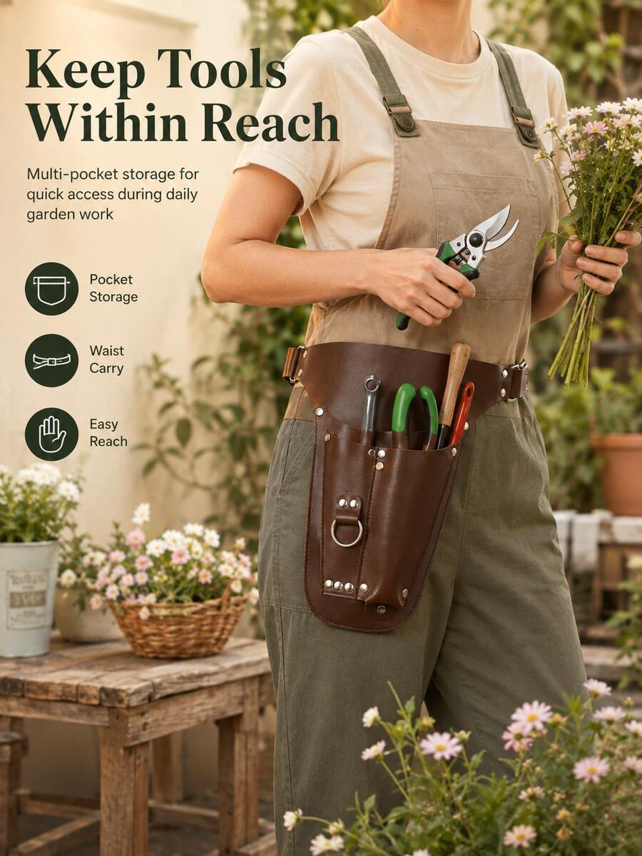 Vintage PU Leather Gardening Tool Belt, Multi-Pocket Tool Storage Bag With Adjustable Waist Strap, Portable Gardening Tool Organizer, Suitable For Gardeners, Florists And DIY Users, Pruning, Planting, Harvesting, Floral Arrangement, Yard Work, Waist Tool Pouch Holster