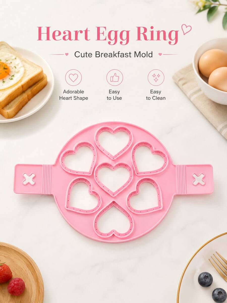 1pc Heart-Shaped Egg Ring, 7-Grid Pancake Mold, Breakfast Cooking Tool, Suitable For Eggs, Pancakes, Omelets, Brunch, Home Kitchen, Cute Food Shaper, Easy-To-Use Accessory Maker - Pink - View 1