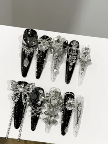 10pcs Black European & American Heavy-Duty Butterfly Full Rhinestone Pearl Heart Sequin Handmade Press-On Fake Nails, Daily Dance Long Pointed Style Premium Removable Wearable Nails For Women & Girls With Storage Box - Black - View 2