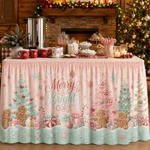 Merry & Bright Christmas Tablecloth, Macaron Candy Color Polyester Fabric, Printed With Gingerbread Man, Christmas Tree, Snowflake And Candy Cane 2D Patterns, Suitable For Holiday Parties, Family Dinners And Home Decor - A - View 6