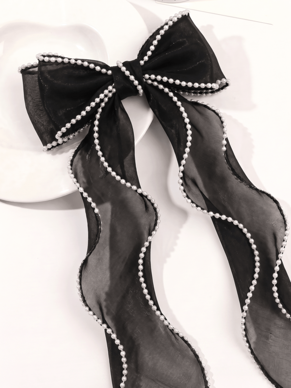 1 Pieza Clip de Cabello con Lazo Negro y Adorno de Perlas para Mujeres, Broche de Lazo de Cinta de Gasa con Colas Largas, Accesorio de Cabello Elegante para Fiesta, Baile de Graduación, Festival, Otoño, Y2k
