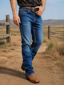 American Western Ranch Style Deep Blue Denim Jeans, Contrast Stitching Back Pockets With Diamond Embroidery, Stretch Slim Straight Leg Vintage Casual Denim Pants For Men - Blue - View 3