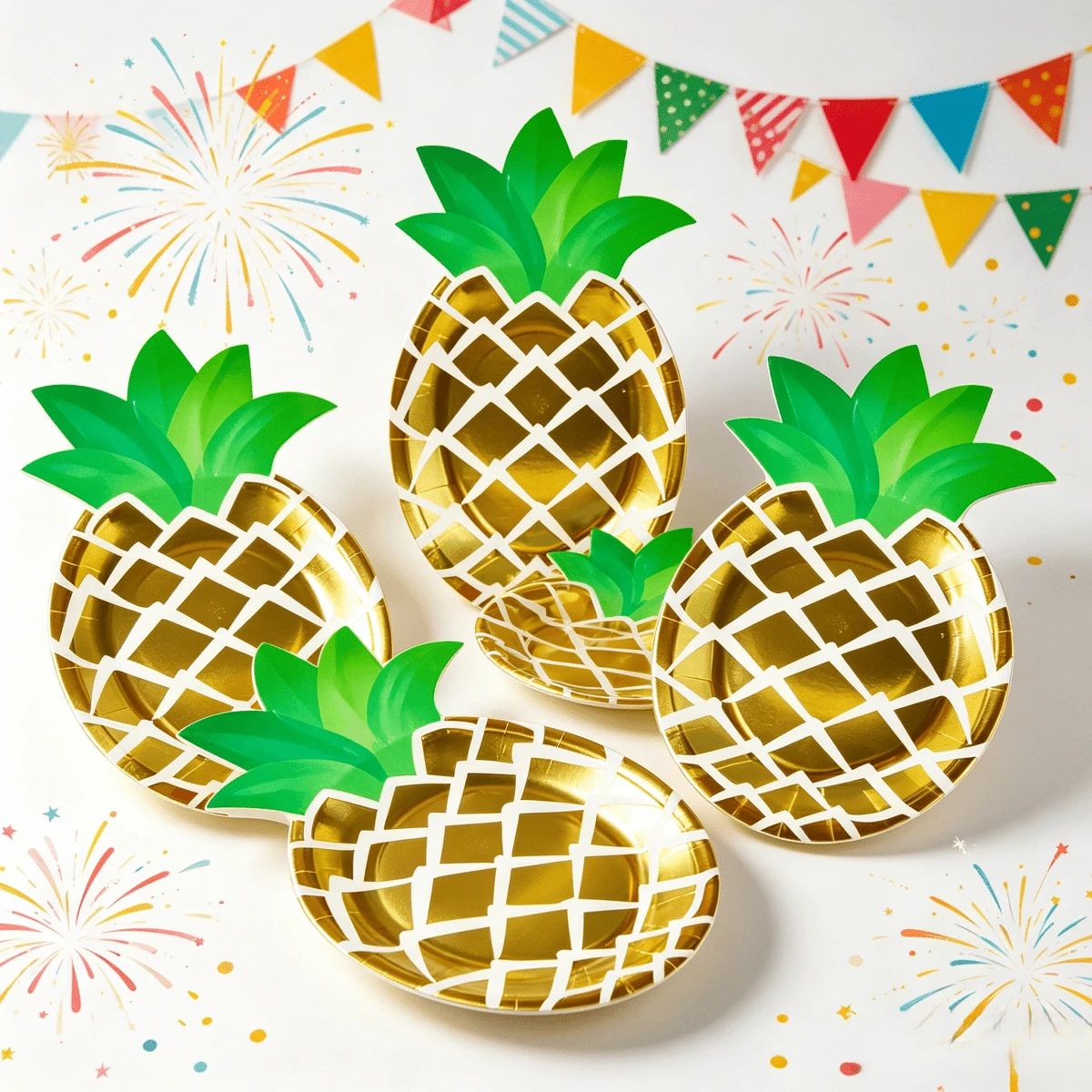 Piring Dekorasi Pesta Musim Panas Tropis Motif Nanas Emas Ukuran 14*24cm, 8 Buah/Set - A - View 1