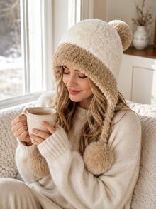 Colorblock Plush Warm Ear Protection Windproof Winter Hat With Pom Pom And Tassel, Soft Warm Headwear For Women, Suitable For Snow Outdoor Daily Wear, 4 Colors Available - Multiple Styles - View 10
