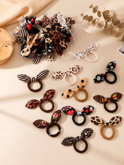 20 Cute Rabbit Ear Hair Rings, Children's Towels, Small Floral Polka Dot Hair Accessories (Color Random)
