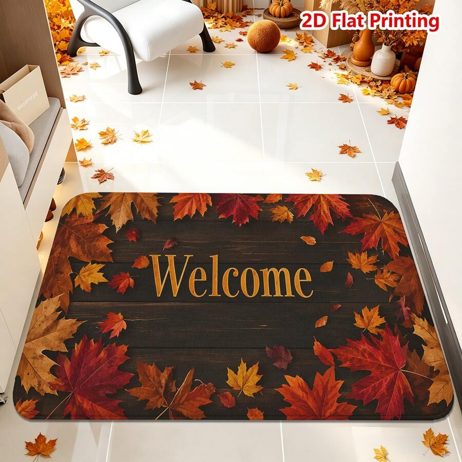 1/2pcs Autumn Maple Leaf Welcome Door Mat, Flannel Soft Absorbent Non-Slip Machine Washable Multi-Functional Home Entrance Rug, Suitable For Kitchen, Bathroom, Entryway, Thanksgiving Decor, Yard, Living Room, Bedroom, Laundry Room - Multicolor - View 1