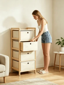 1pc Fabric Drawer Storage Cabinet‑Pull‑Out And Layered Design, Wooden Frame, Sturdy And Durable, Breathable And Dust‑Proof, Vertical Storage Cabinet, Suitable For Bedroom, Living Room, Dormitory And Apartment - Multiple Specifications - View 2
