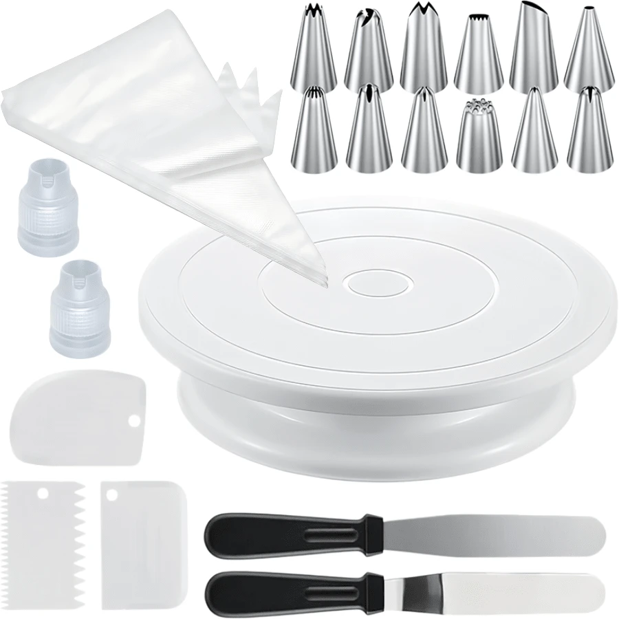 130pcs Cake Decorating Tools, Includes 11-Inch Cake Turntable, 110pcs 9.8-Inch Thickened Piping Bags, 12pcs Piping Tips, Cake Spatula And Other Piping Tools, Suitable For Home Baking, Buttercream DIY