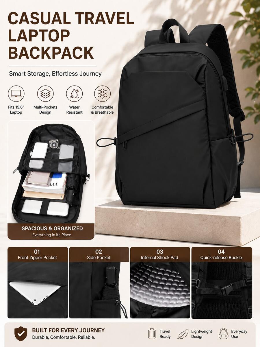 Outdoor Commuting Travel Backpack, Student School Bag, Girls Backpack, Durable Student Backpack, Casual Student Backpack, Fashion Backpack, Multi-Compartment Design, Large Capacity Laptop Backpack, Fits 15.6 Inch Laptop, Suitable For School, Casual, Daily Use, Unisex For Students, Also Suitable For College Students, Middle School Students, High School Students, Travel Backpack, Unisex For Teens - Black - View 1