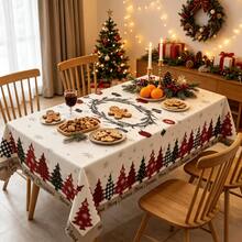 1pc Christmas Party Tablecloth, Made Of Polyester, Easy To Clean, Reusable. With A Christmas Tree Background Picture. Suitable For Christmas Party Decoration, Christmas Table Decorations, And Dining Hall Decorations, Etc. - A - View 13