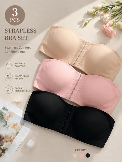 3 PCS Women Strapless Wireless Bra Set, Seamless Push‑Up Bandeau Bra, Front Hook Closure Non‑Slip Support Tube Bra For Off‑Shoulder Dresses Daily Wear