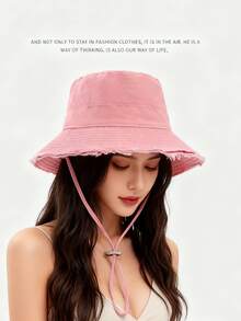 1pc Women's Drawstring Bucket Hat, Adjustable Chin Strap Design, Distressed Effect, Soft Fabric, Sun Protection, Windproof, Fashionable Versatile, Suitable For Travel, Beach, Vacation, Daily Casual - A - View 9