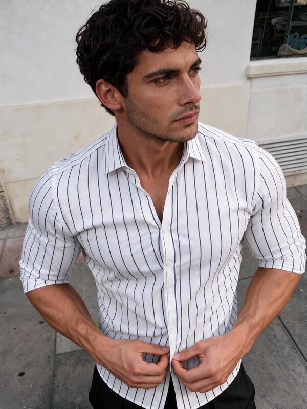Camicia da uomo vestibilità aderente a righe in cotone, maniche lunghe, con bottoni, casual & smart per l'ufficio