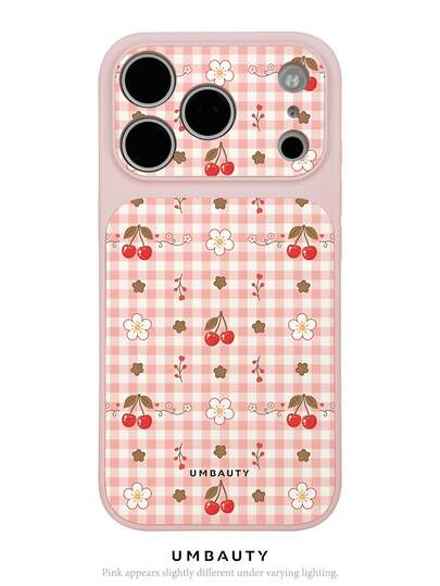 UMBAUTY 1pc Fashionable New Phone Case, Pink Plaid Background With Cherry Pattern Design, Full Coverage Hard Shell Design, Suitable For 11/12/13/14/15/14/15/16/17/AIR/Pro/Pro Max/Plus, This High-End, Fashionable And Fun Phone Case Is Suitable For Men And Women, Ideal Gift For Girlfriend On Easter, Spring, Wedding Season And Birthday