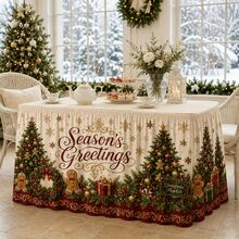 Vintage Christmas Tablecloth, Printed With Christmas Tree, Gingerbread Man, Snowflake, Gift Box, Pine Branch Patterns Holiday Greetings Tablecloth, Luxury Holiday Party Decoration, Suitable For Family Dinner And Holiday Home Decor - A - View 4