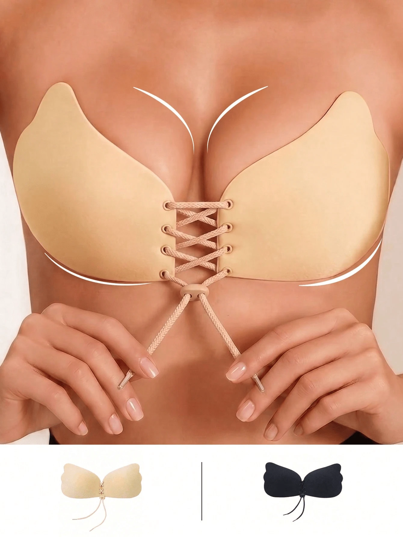 2pcs Anti-Sweat Deep V-Neck Strapless Backless Self-Adhesive Push-Up Bra With Adjustable Drawstring, Suitable For Low-Cut Dresses, Wedding Gowns, Tube Tops