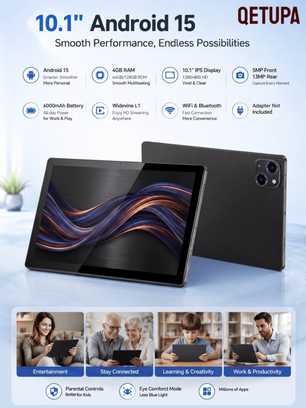 Qetupa Tableta Android 15 de 10.1 pulgadas, 4GB RAM + 64GB ROM, Procesador Octa-Core 1.8GHz, Pantalla Táctil IPS HD (1280*800), Batería de Gran Capacidad 6000mAh, Sin Soporte para Tarjeta SIM (Adaptador No Incluido)