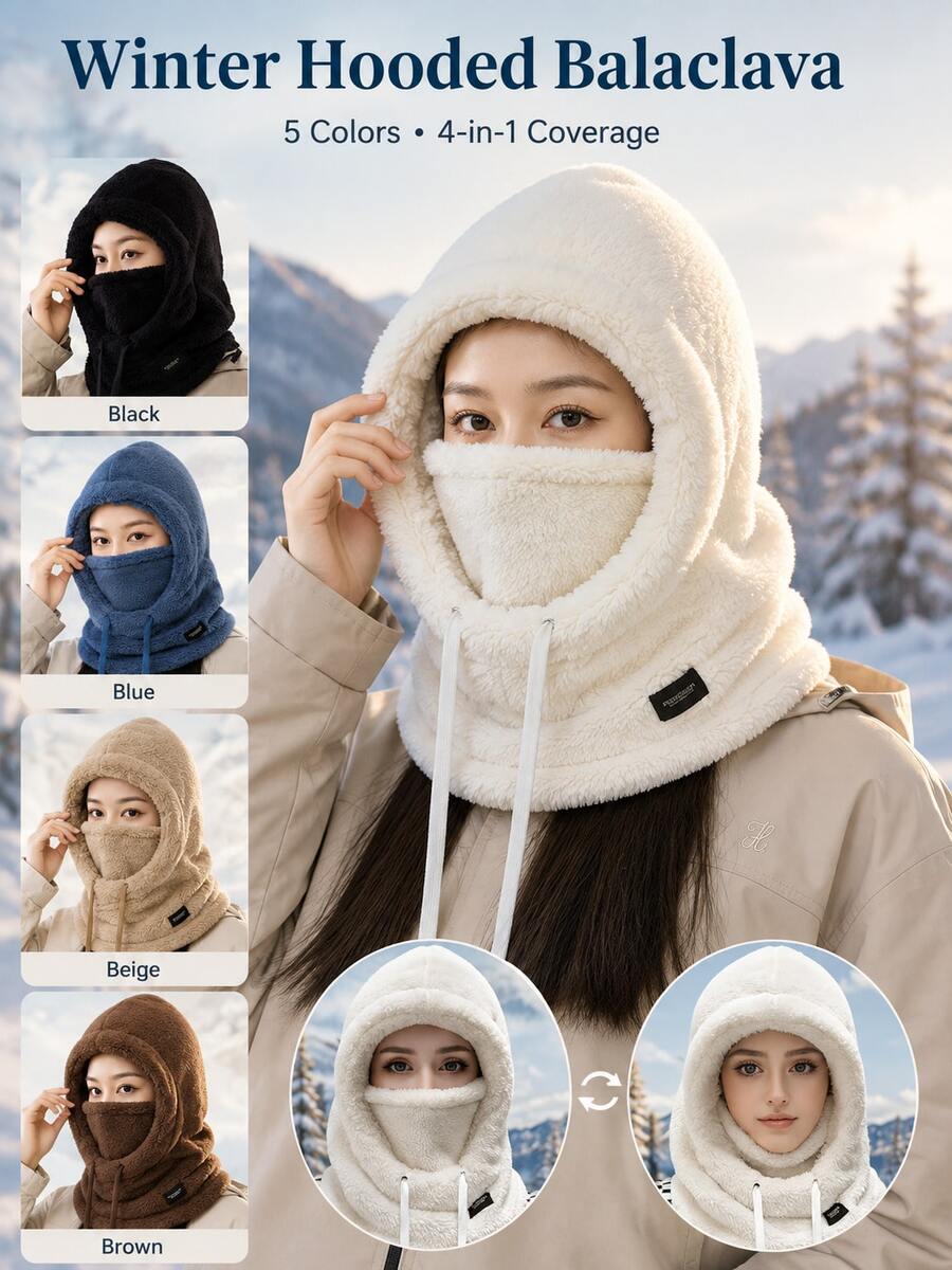Women's 4-In-1 Winter Hooded Balaclava Face Mask, Adjustable Drawstring Neck And Ear Warmer, Solid Color Pullover Ski Hat, Suitable For Cycling, Skiing, Snowboarding, Hiking, Camping, Commuting, Traveling And Outdoor Cold Weather Accessories