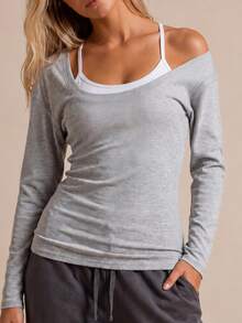 U-Neck Fitness Training Sports Top, Loose Batwing Sleeve Yoga Shirt With Butt Coverage - Light Grey - View 3