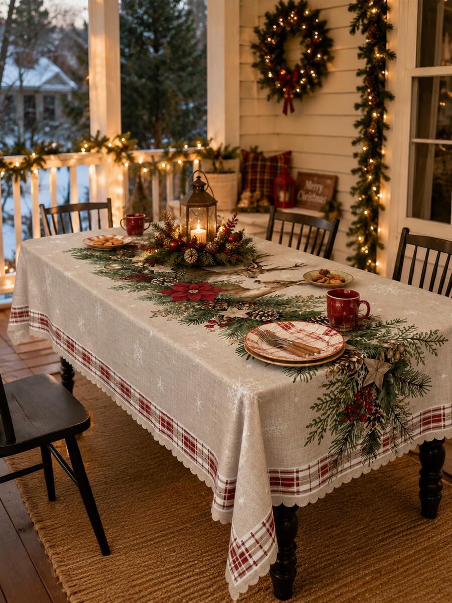 2026 Christmas Decor: Beige Polyester Tablecloth With Reindeer And Forest Pattern, Suitable For Winter Holiday Garden Party Or Kitchen Dining Table, Creating Festive Christmas Atmosphere - Multicolor - View 1