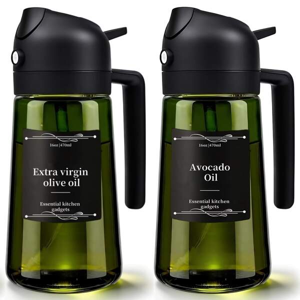 2/1pc 16oz/470ml Kitchen Olive Oil Dispenser Bottle With Stickers, 2-In-1 Olive Oil Spray Bottle, Suitable For Cooking, Air Fryer And Salad