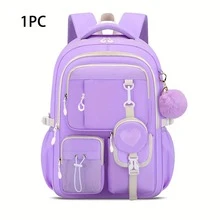 2 Pieces Minimalist Color-Block Heart-Shaped Small Round Bag Decorative Backpack Set, School Commute Youth Backpack Combination - Sets - View 5