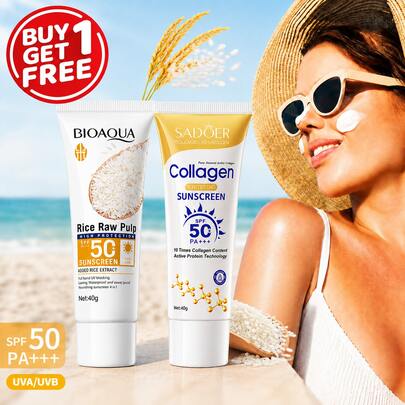 SADOER Achetez 1 Obtenez 1 Gratuit 2 pièces Crème solaire (Collagène + Riz), Haute protection, Légère, Non collante, Imperméable, Lotion solaire pour le visage et le corps, Convient à tous les types de peau, Idéal pour les voyages, le camping, la randonnée, l'escalade, les activités de plein air, la plage, les soins de la peau en été