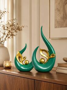 2pcs Green & Gold Abstract Art Sculpture Decor, Modern Decorative Statue Ornament, Luxury Home Decor Accent For Living Room, Coffee Table, Bookshelf, Entryway Console, Office Desk, Bedroom - A - View 7