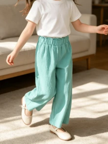 3pcs/Set Celana Panjang Anak Perempuan Motif Gelembung Kotak-kotak Polos Kaki Lebar Warna Acak, Lembut Nyaman Minimalis Serbaguna, Cocok Untuk Musim Semi, Musim Panas, dan Musim Gugur - MultiWarna - View 10