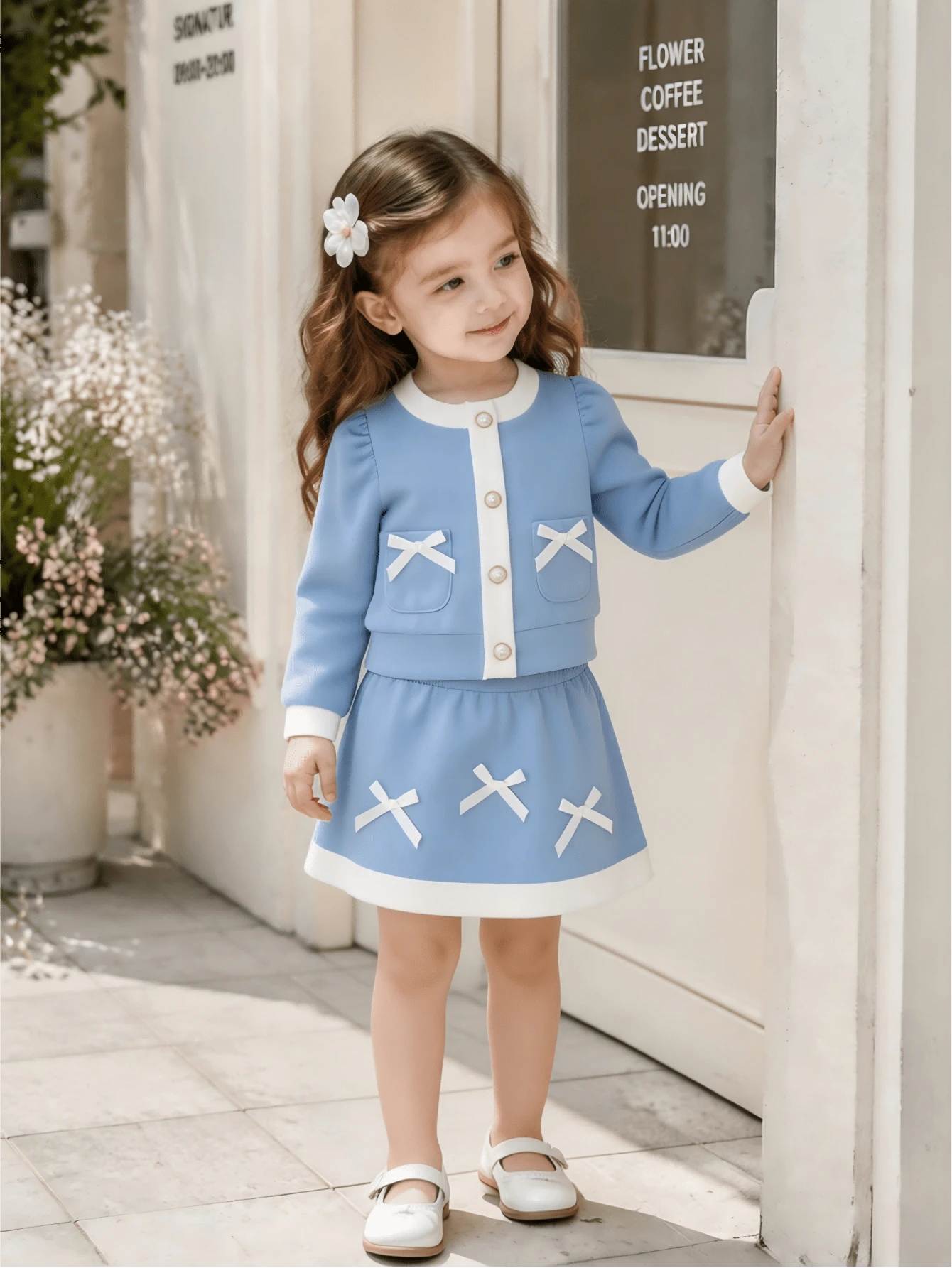 Setelan 2 Potong Anak Perempuan, Modis Musim Gugur, Jaket Cardigan Lengan Puff Bertekstur Lucu dengan Kancing Mutiara, Motif Patchwork Biru & Putih, Jaket Depan Terbuka dengan Pita dan Rok, Pakaian Kasual. - Biru - View 1