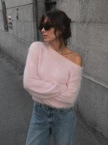 Women's Cozy Pink Off-The-Shoulder Knitted Top With Long Drop Shoulder Sleeves, Regular Length Medium Stretch Sweater For Fall And Winter. - Pink - View 2