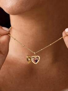 1PC Gentle Heart-Shaped Locket Design, Outer Side Can Be Engraved With Personalized Letters, Inner Box Can Store Precious Photos, Double Customization Creates Exclusive Jewelry. Light Luxury Pearl Chain Paired With Gold-Plated Heart Pendant, Delicate Texture Resistant To Oxidation And Fading, Fine Chain Style Lightweight And Versatile, Suitable For Various Outfit Styles. Simple And Exquisite Design, Low-Key And Timeless For Daily Wear, Perfect For Birthday, Mother's Day, Couple Anniversary Gifts. Hide Your Thoughts In The Heart-Shaped Pendant, Niche Style, Combining Aesthetic Appeal And Commemorative Meaning - 45+5cm Ball Chain - View 5