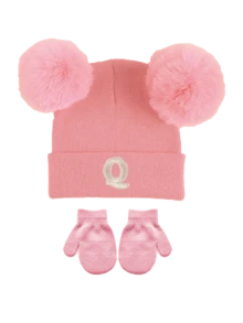 3pcs/Set Baby Letter Knit Hat And Gloves Set, A-Z Double Pom Pom Knit Hat + Knit Gloves, Elastic Warm Winter Accessories, Suitable For Baby Toddler Girls - Pink - View 10