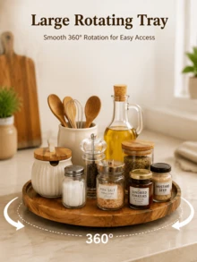 1pc 360° Rotating Wooden Turntable, Multi-Functional Solid Wood Tray, Kitchen Spice Organizer, Suitable For Cabinet Storage, Home Kitchen Decor, Housewarming, Halloween, Christmas, Graduation, Birthday Gift - View 3