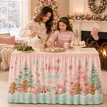 Merry & Bright Christmas Tablecloth, Macaron Candy Color Polyester Fabric, Printed With Gingerbread Man, Christmas Tree, Snowflake And Candy Cane 2D Patterns, Suitable For Holiday Parties, Family Dinners And Home Decor - A - View 10